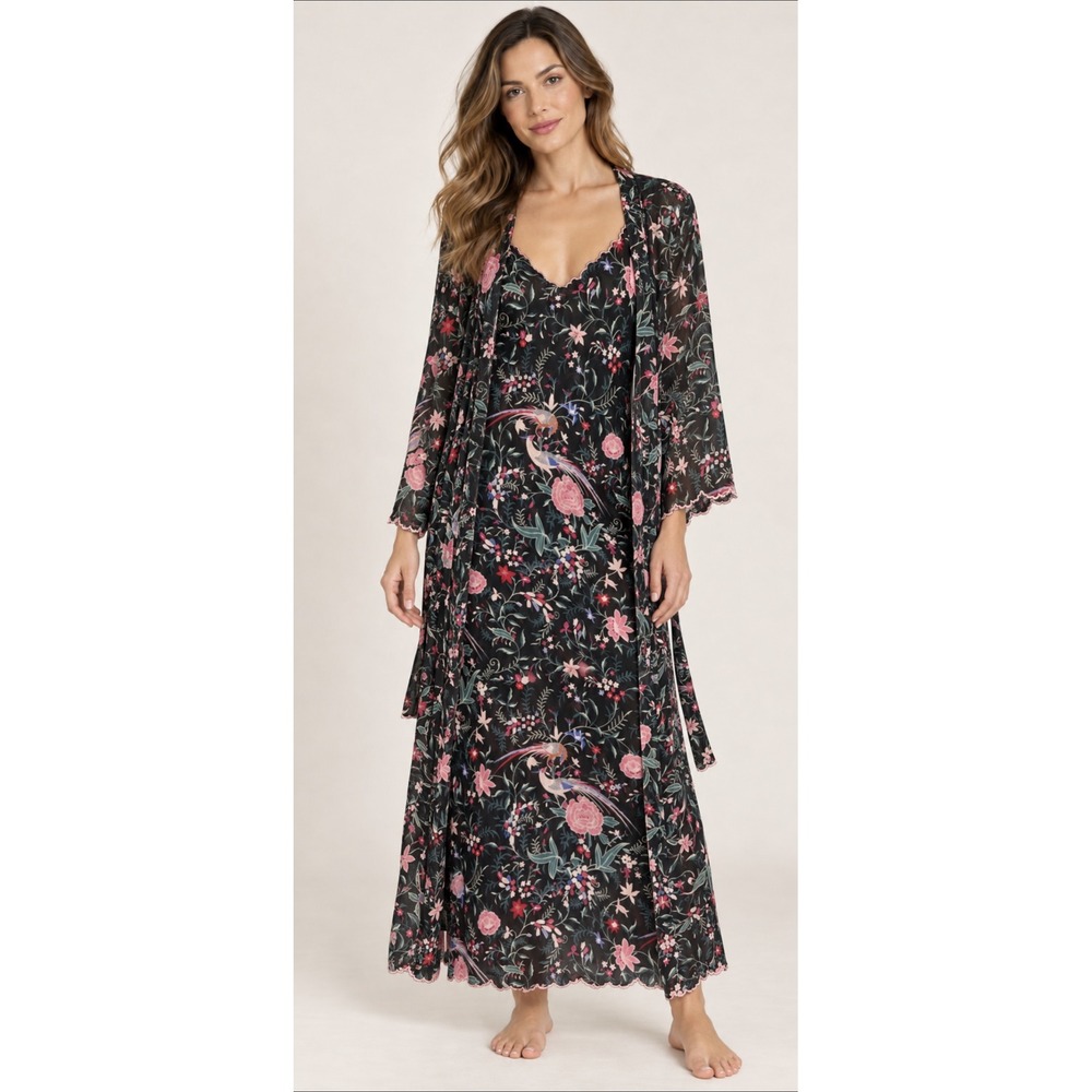 Natori Floral Bird Print Maxi sheer Slip Nightgown & Robe Set M/S lingerie set